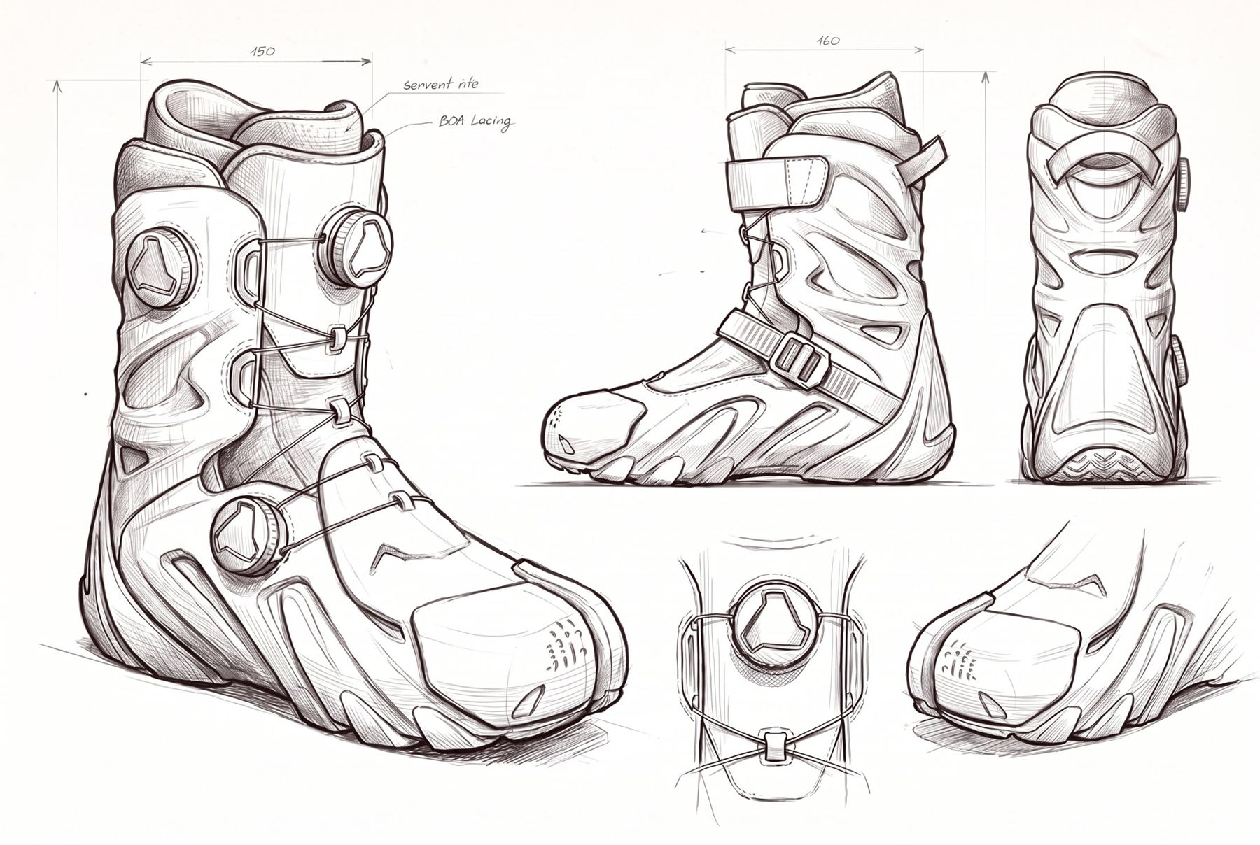 Planche de croquis de la boot à bout tabi : trois quarts avec molettes BOA, profil, arrière et détails