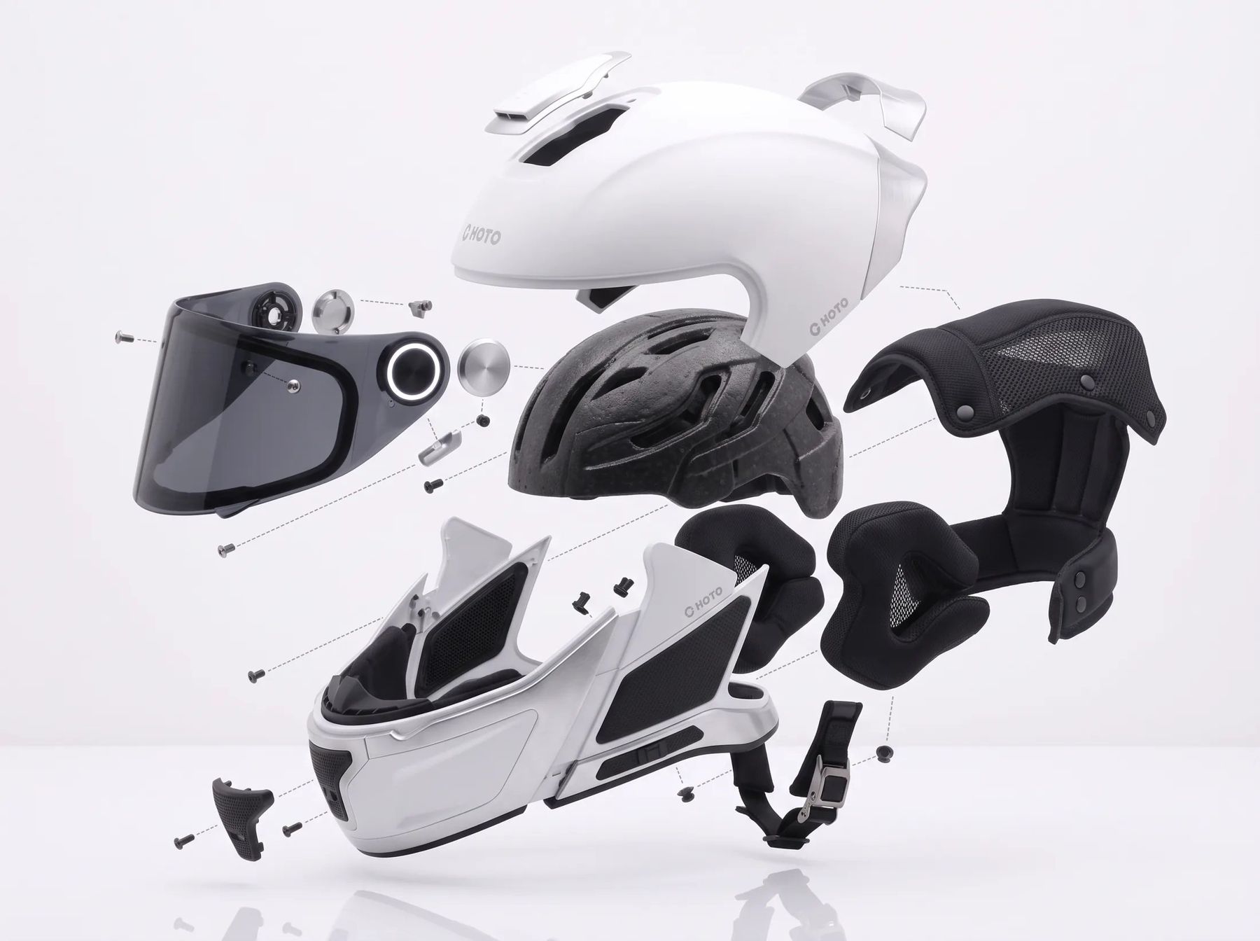 Vue éclatée du casque : écran, calotte, EPS noir, mousses de joues, coiffe, jugulaire
