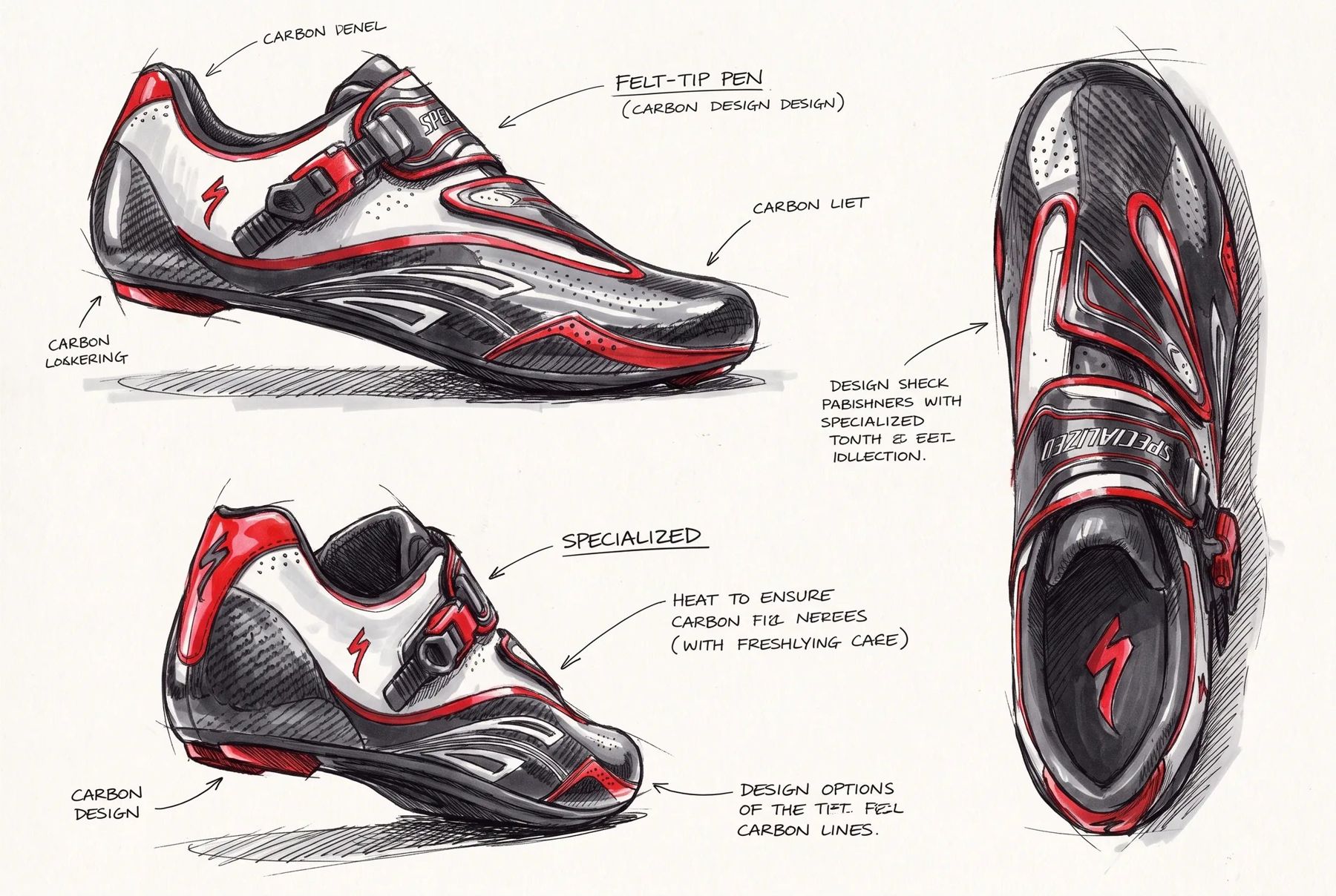 Croquis couleur au marqueur avec annotations sur les matières carbone