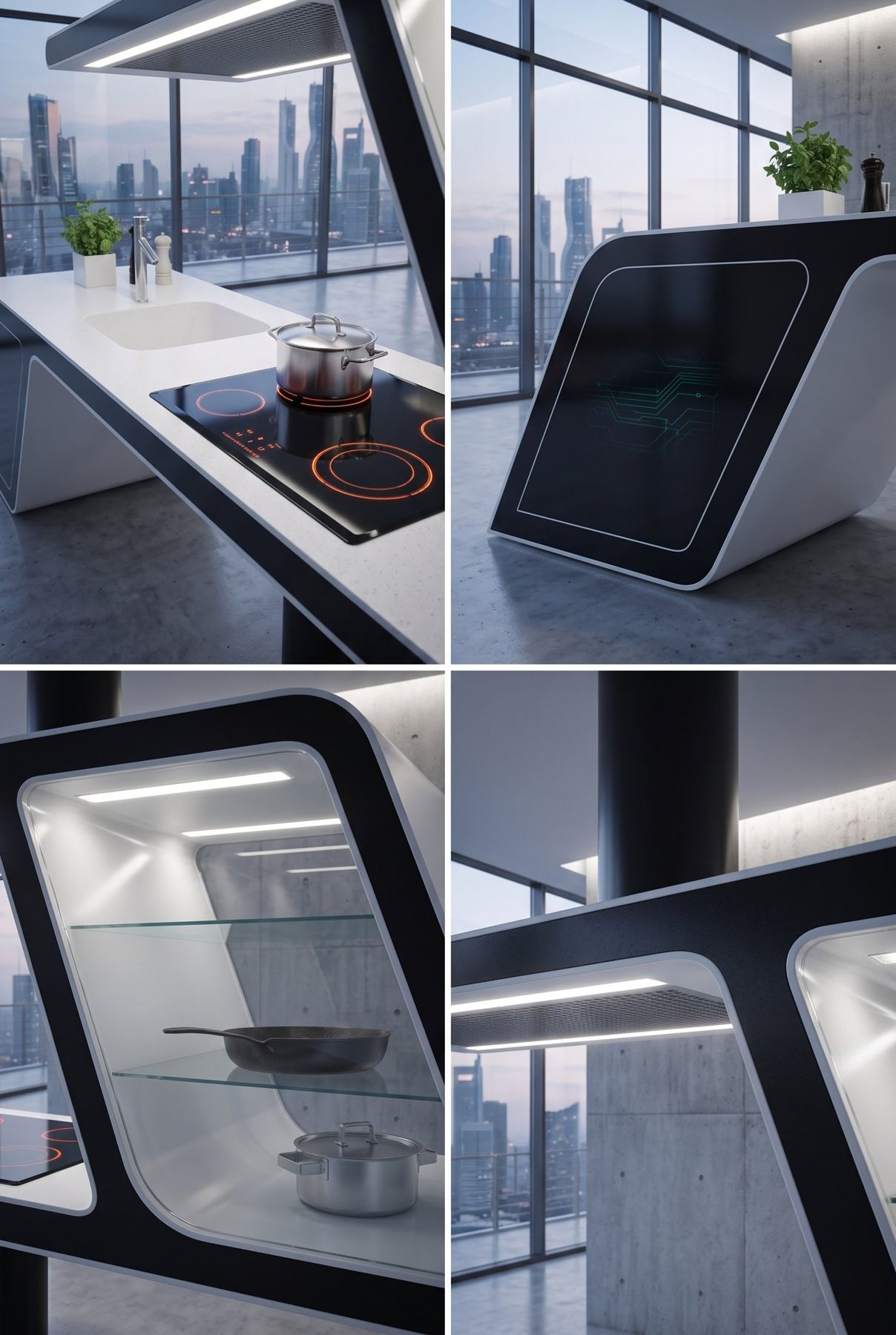 Gros plans : plaque à induction, écran du pied, niche vitrée avec ustensiles et hotte LED