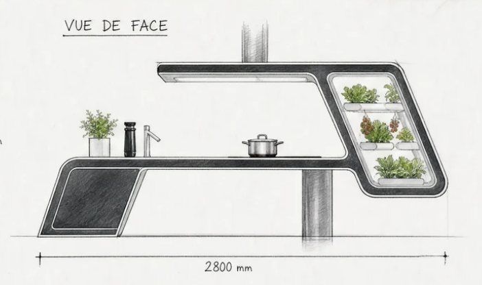 Croquis de la vue de face de l'îlot, coté 2800 mm