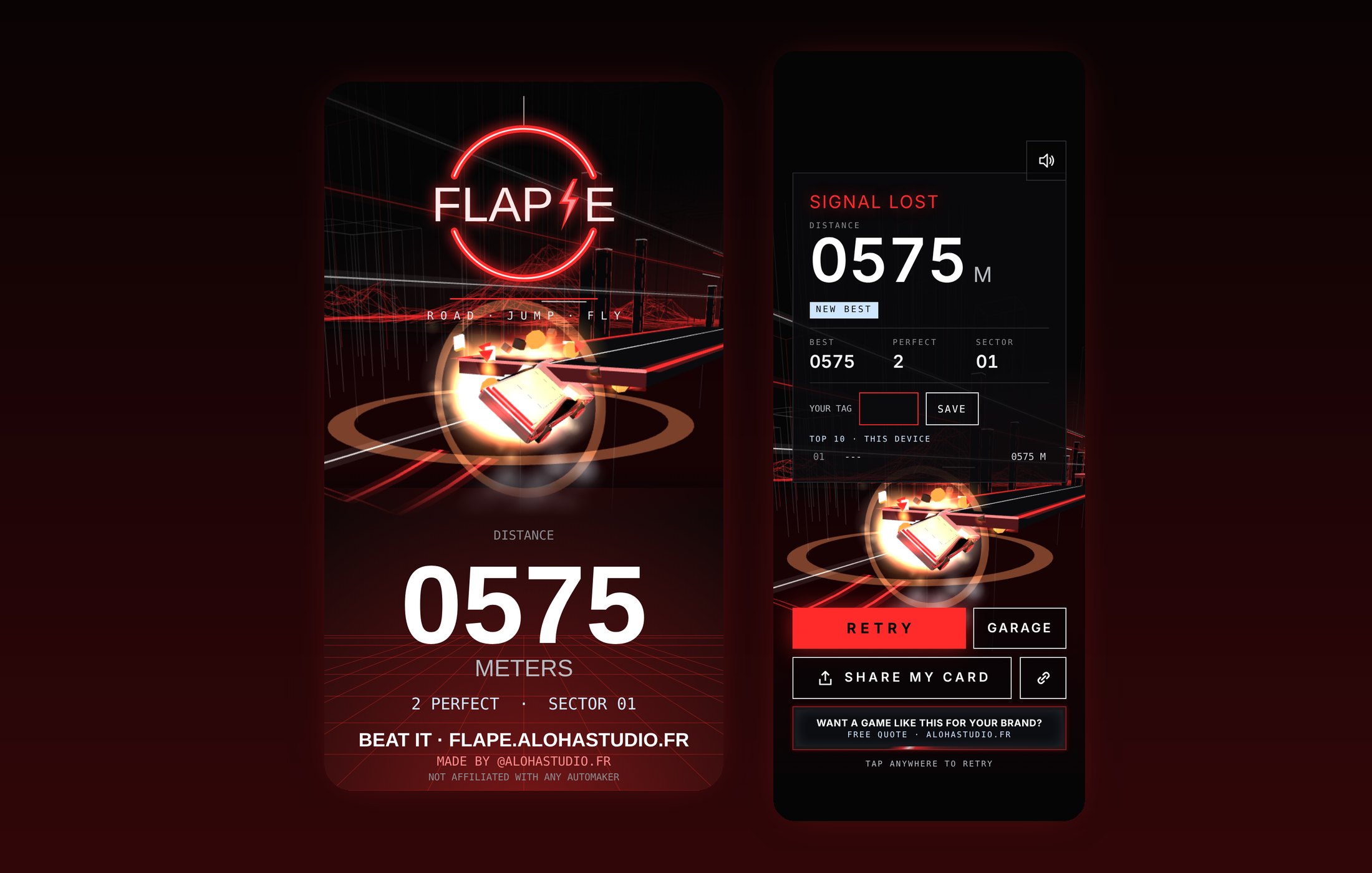 Carte de score FLAP-E au format Story et écran de résultats avec classement et boutons de partage