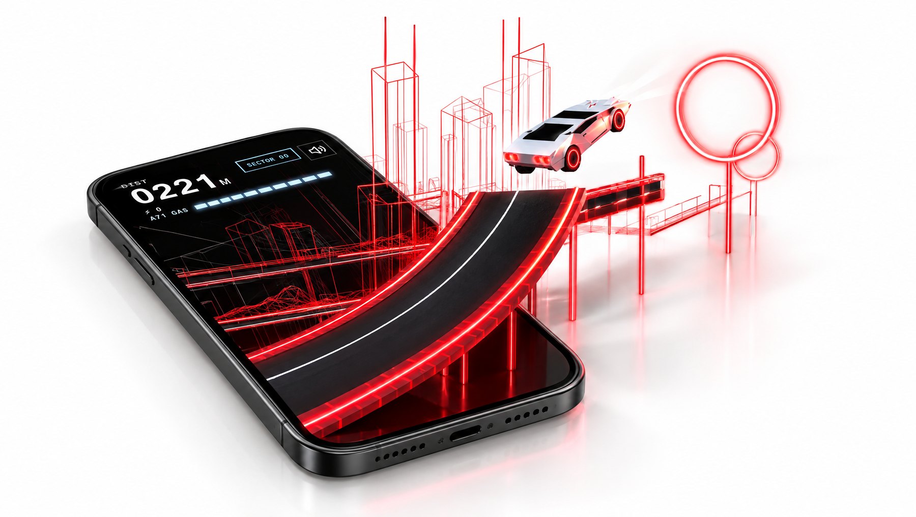 Un iPhone posé à plat dont le décor néon rouge sort de l'écran : une voiture blanche saute la rampe