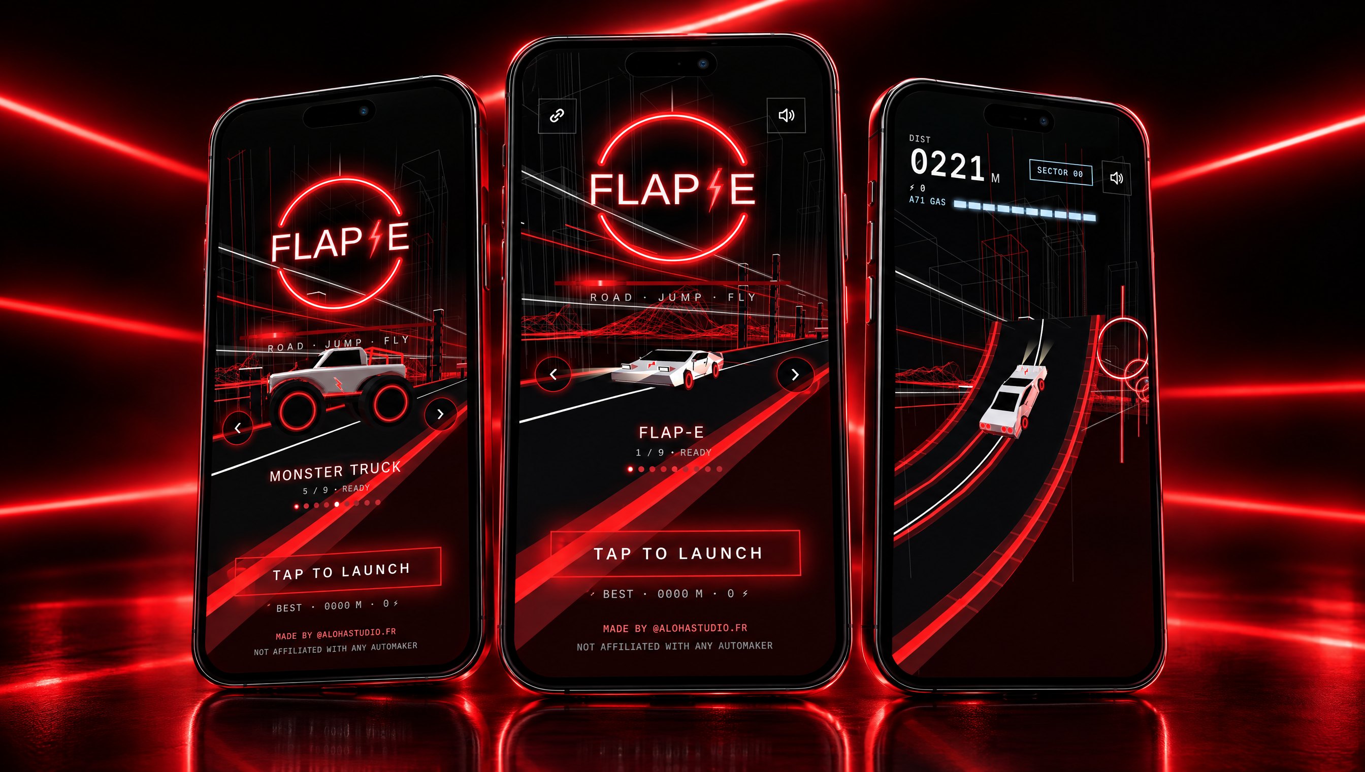 Trois téléphones montrant le garage avec le Monster Truck, l'écran d'accueil FLAP-E et une course sur une rampe néon