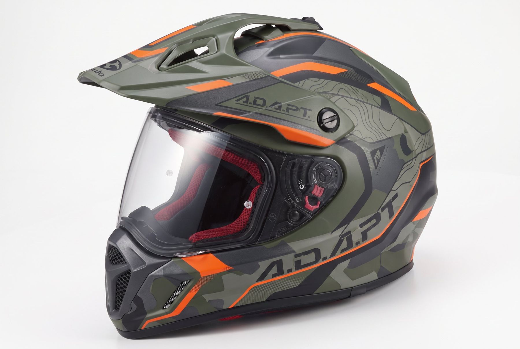 Casque trail Kabuto A.D.A.P.T. camouflage kaki et orange, vue de trois quarts
