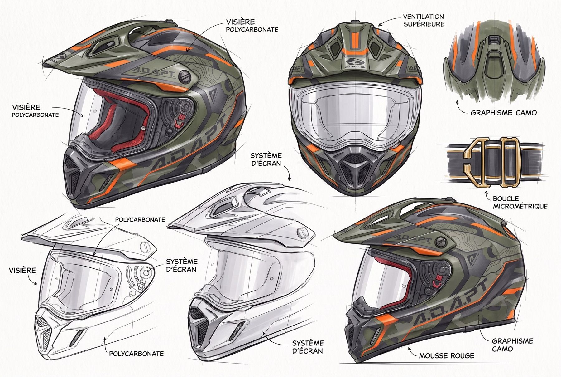 Planche de croquis annotée du casque : visière, écran, ventilation, boucle et graphisme camo