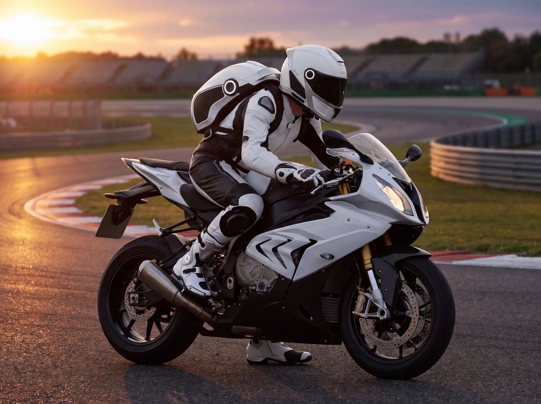 Pilote équipé de la collection sur une moto sportive, sur circuit au coucher du soleil