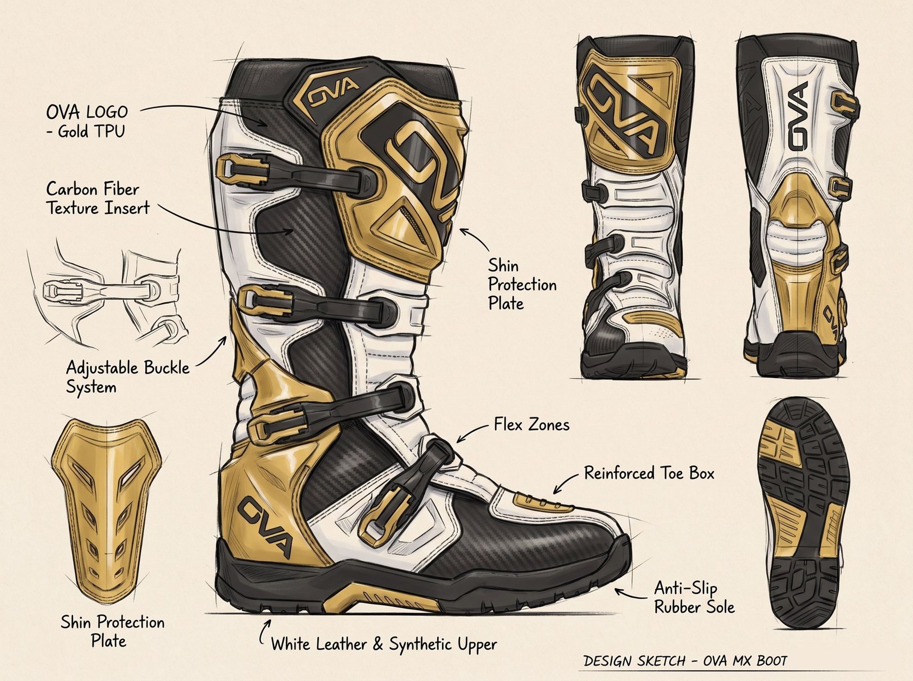 Croquis annoté des bottes OVA MX : vue latérale, avant, arrière, semelle et détails de boucle et de protège-tibia