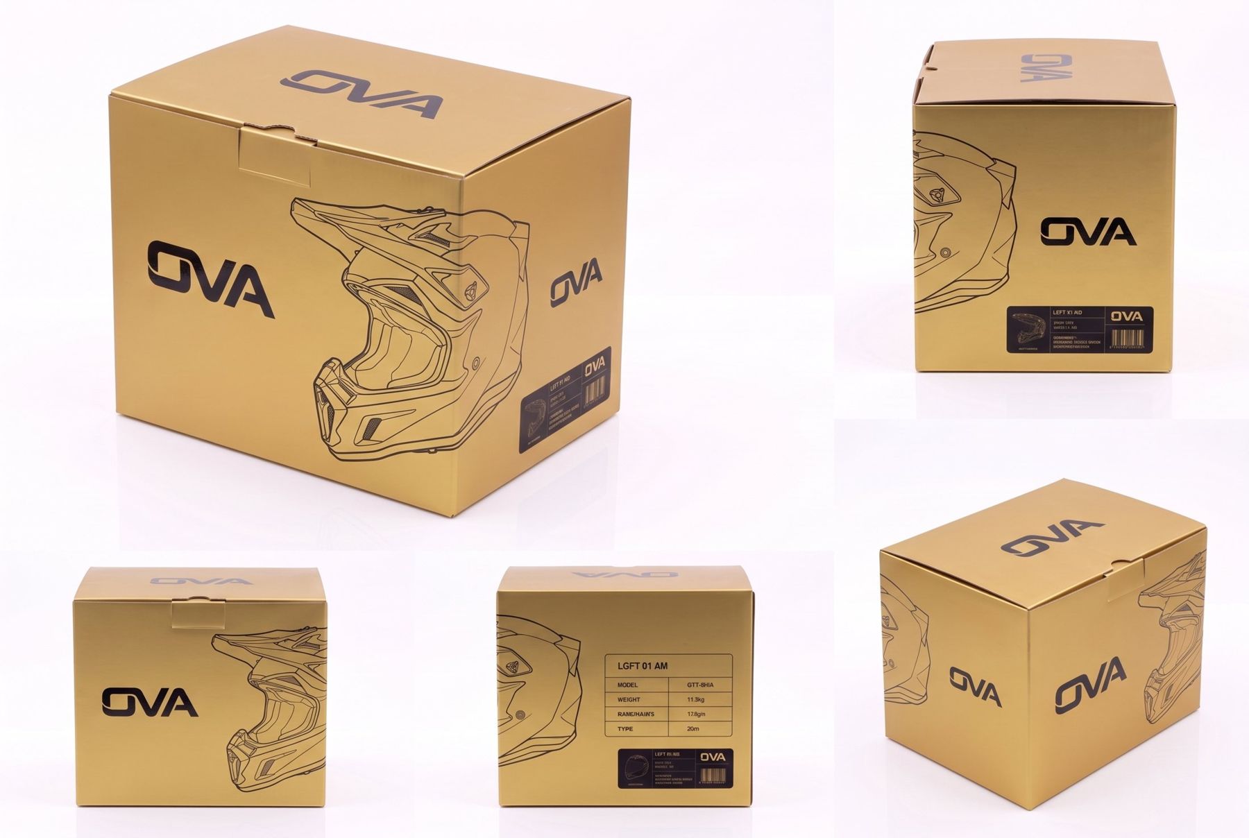 Boîte dorée du casque cross OVA, logo noir et dessin du casque au trait, sous plusieurs angles
