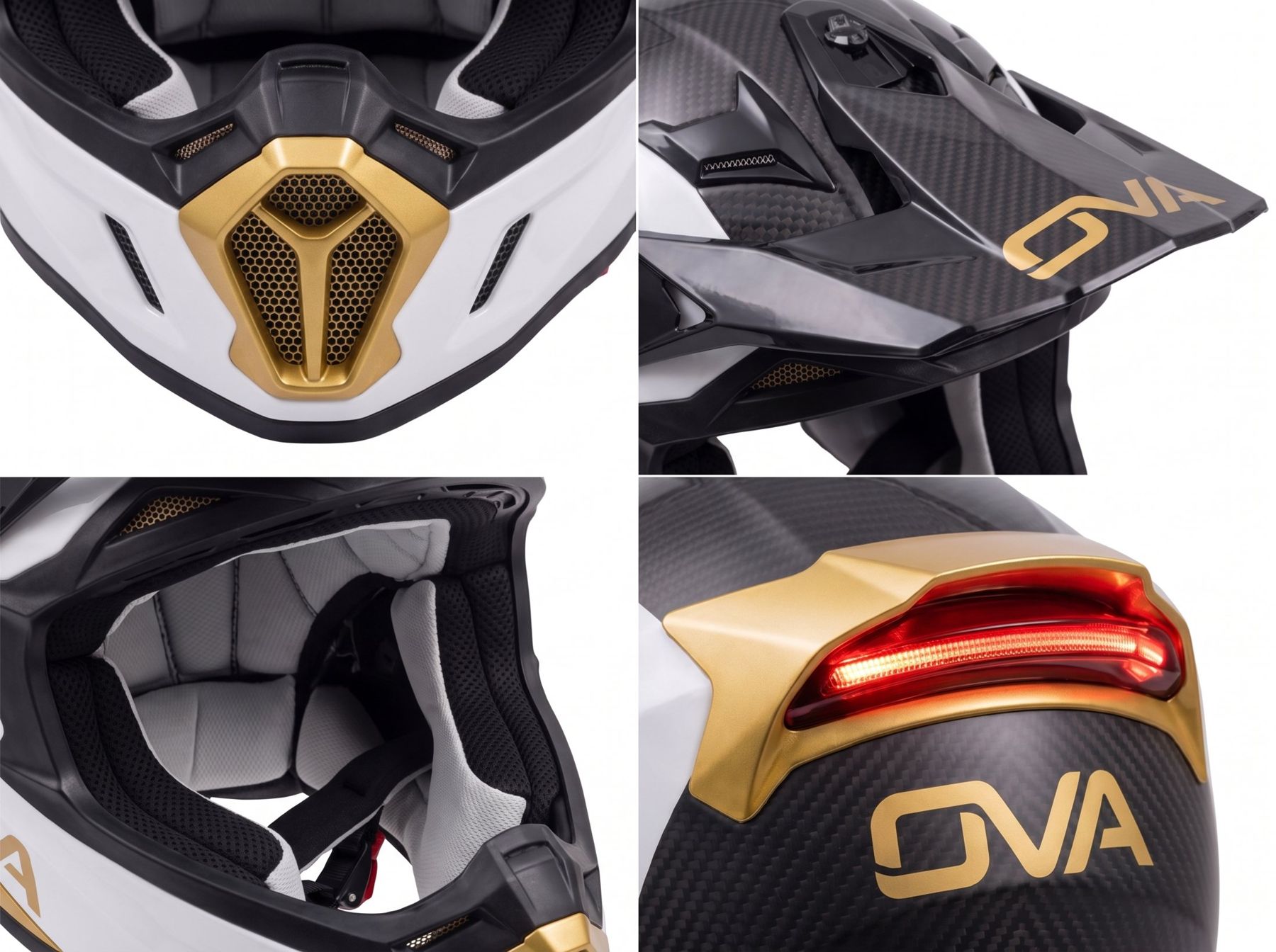 Détails du casque cross OVA : grille de mentonnière dorée, visière carbone, intérieur et mousses, feu stop LED