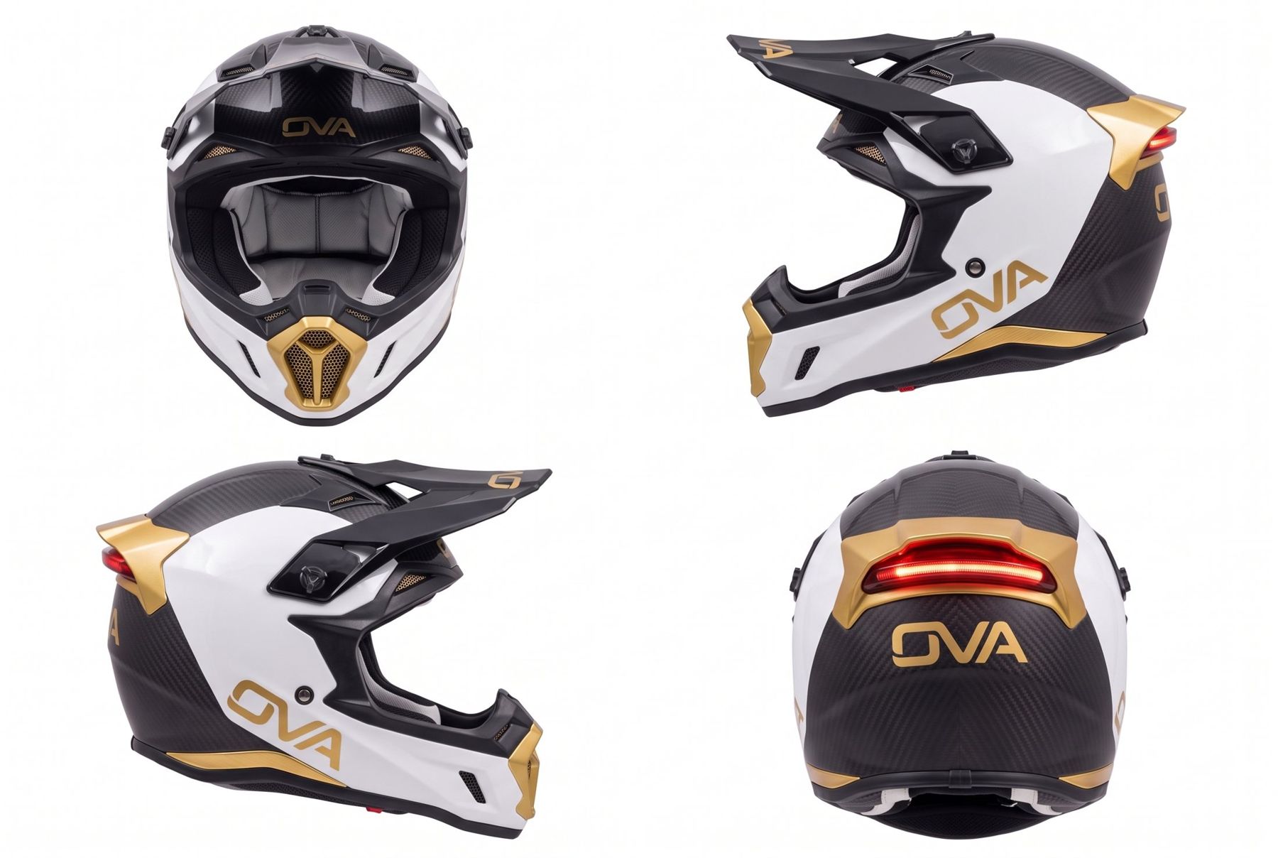Casque cross OVA vu de face, des deux profils et de dos avec le feu stop allumé