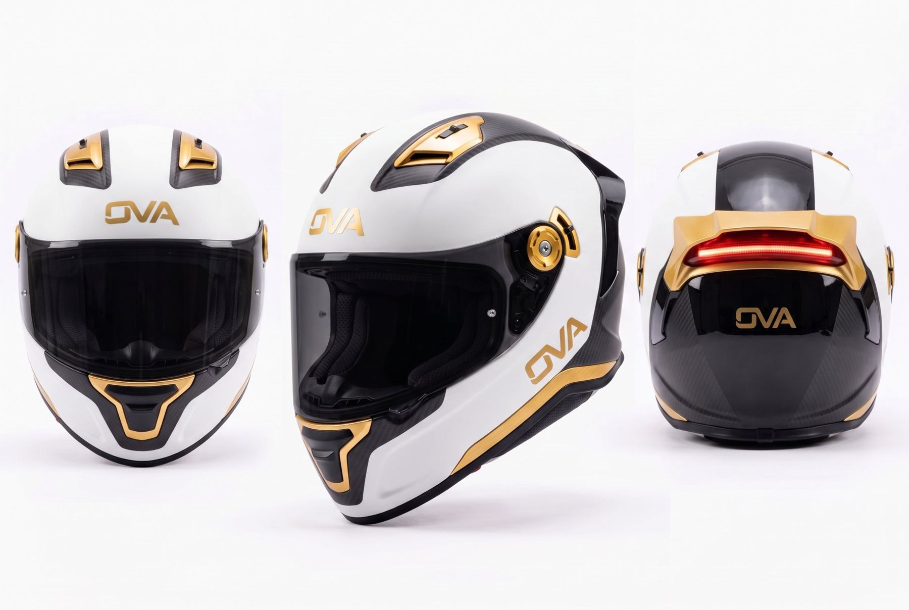 Casque OVA blanc, carbone et or vu de face, de trois quarts et de dos avec son feu stop allumé