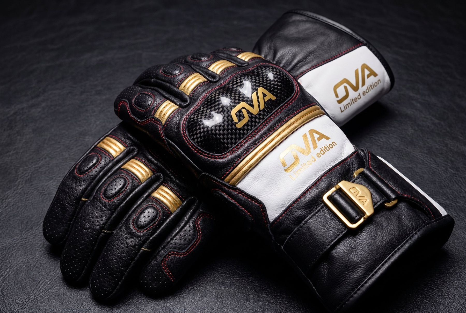 Gants longs OVA en cuir noir et blanc sur fond sombre