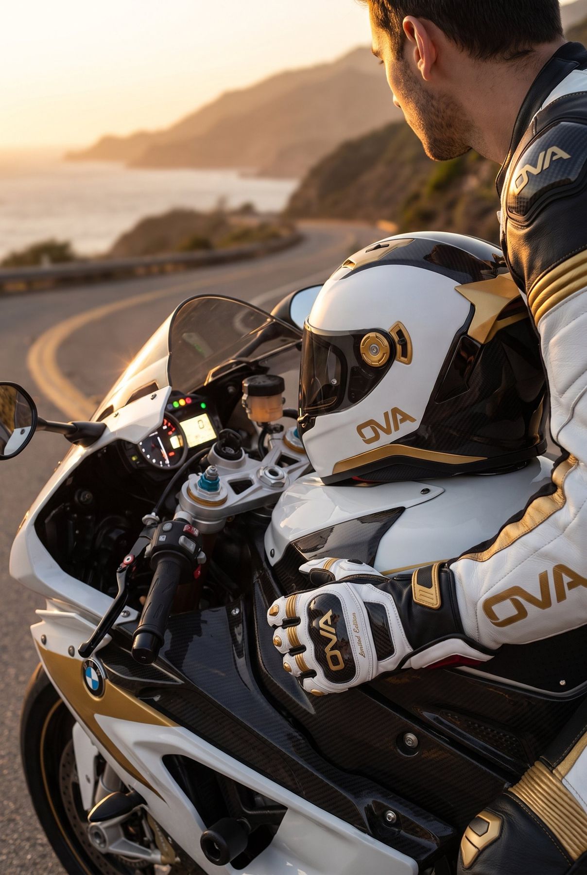 Pilote équipé OVA sur une moto au coucher du soleil