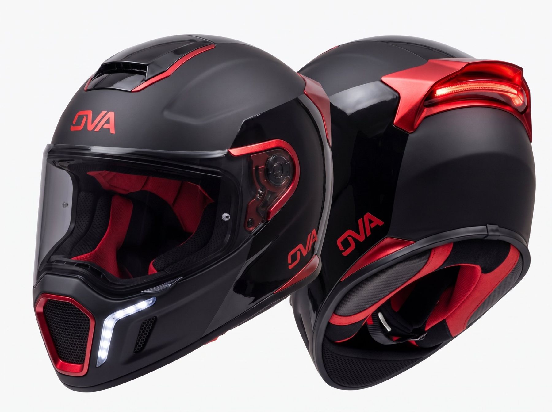 Casque OVA noir et rouge avec feu de jour et feu stop