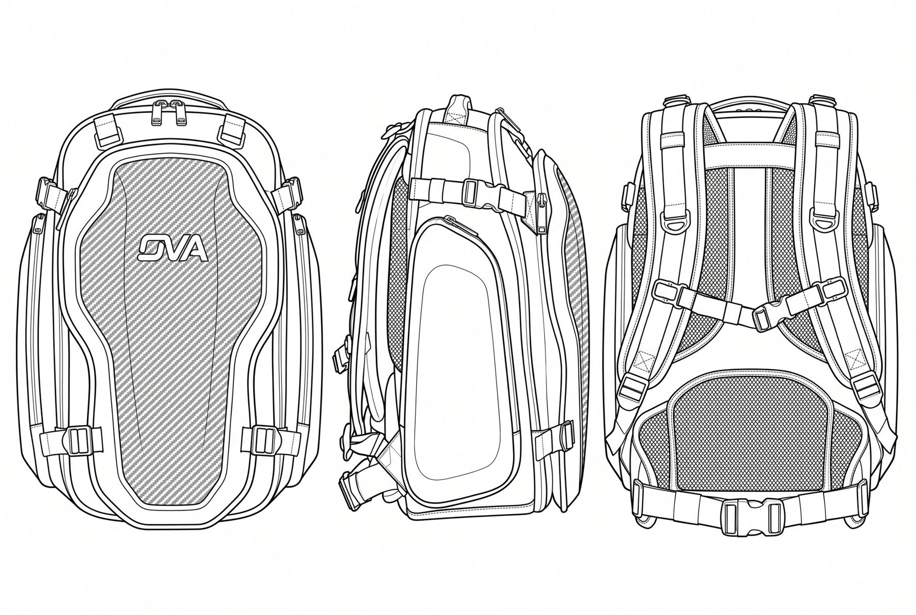 Dessin technique du sac à dos OVA : face, profil et dos