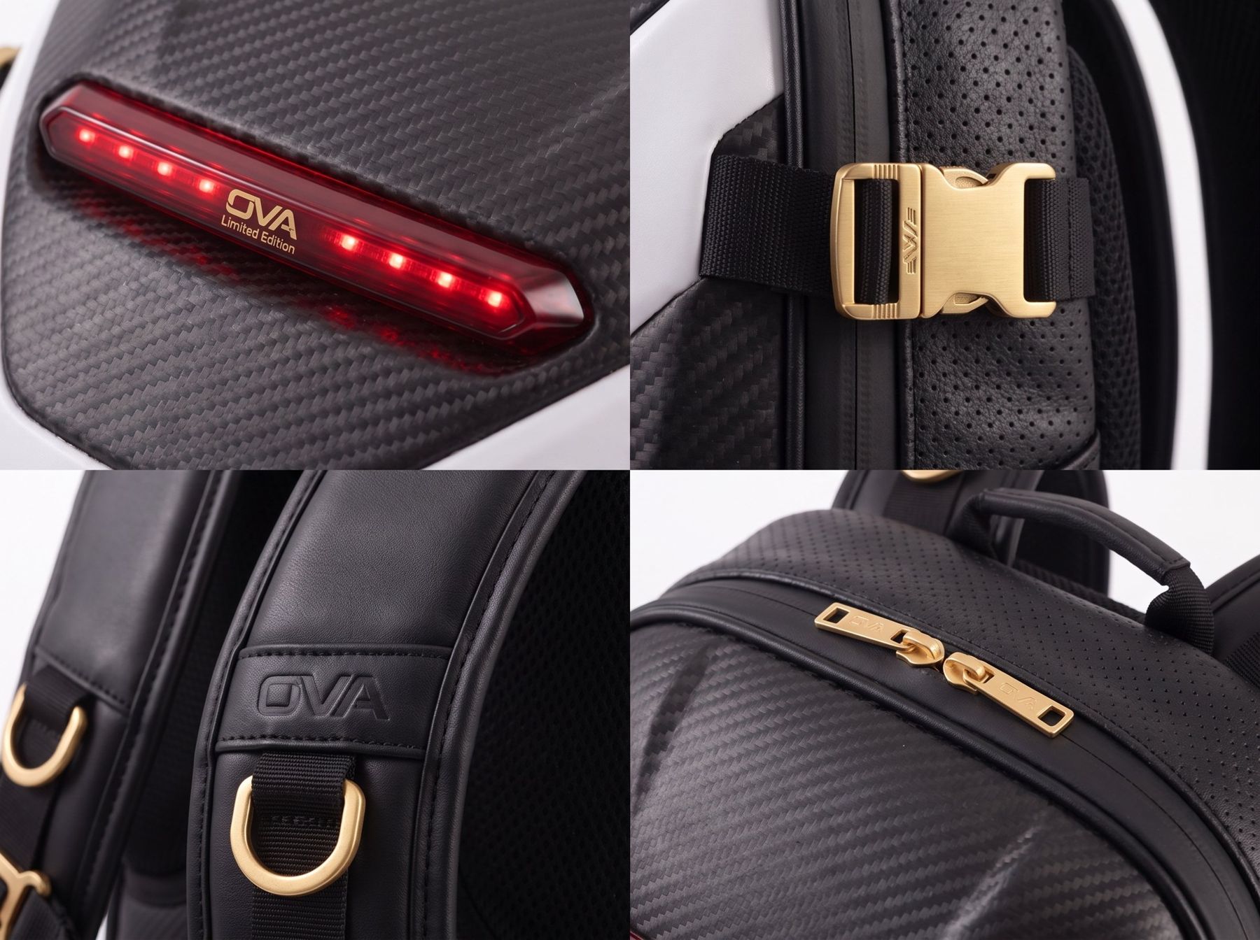 Détails du sac OVA Limited Edition : feu stop LED, boucle dorée, bretelles en cuir embossé et tirettes dorées