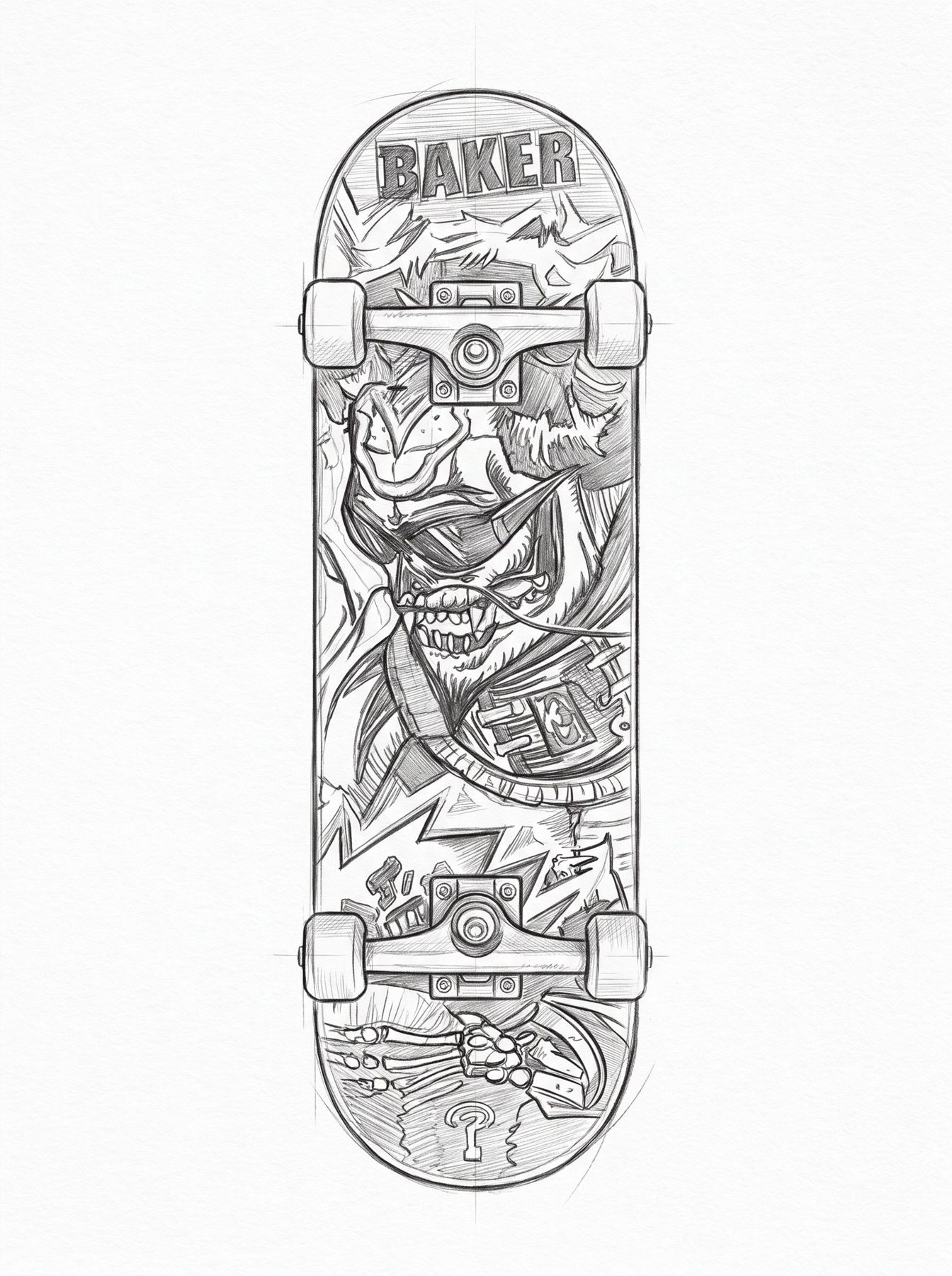 Croquis au crayon de la planche Baker, illustration entre les deux trucks
