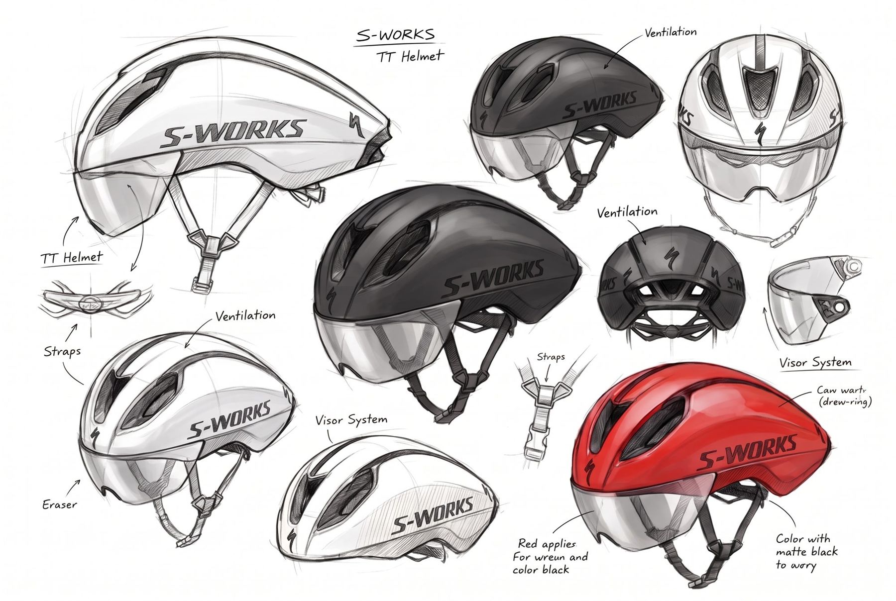 Planche de croquis du casque : silhouette, visière, sangles et coloris
